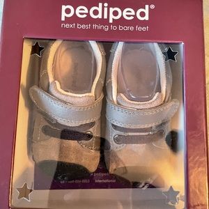New in box pediped baby leather shoes! Gray with navy accents.